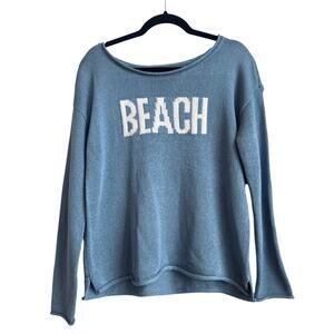 Marled Reunited Clothing Blue Knit Light Weight Sweater with White Beach Letters